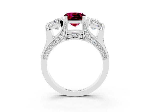 Silver Cushion Cut Garnet Three-Stone Ring with Channel Set Band and Four-Prong Setting