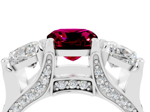 White gold Cushion Cut Garnet Three-Stone Ring with Channel Set Band and Four-Prong Setting_4