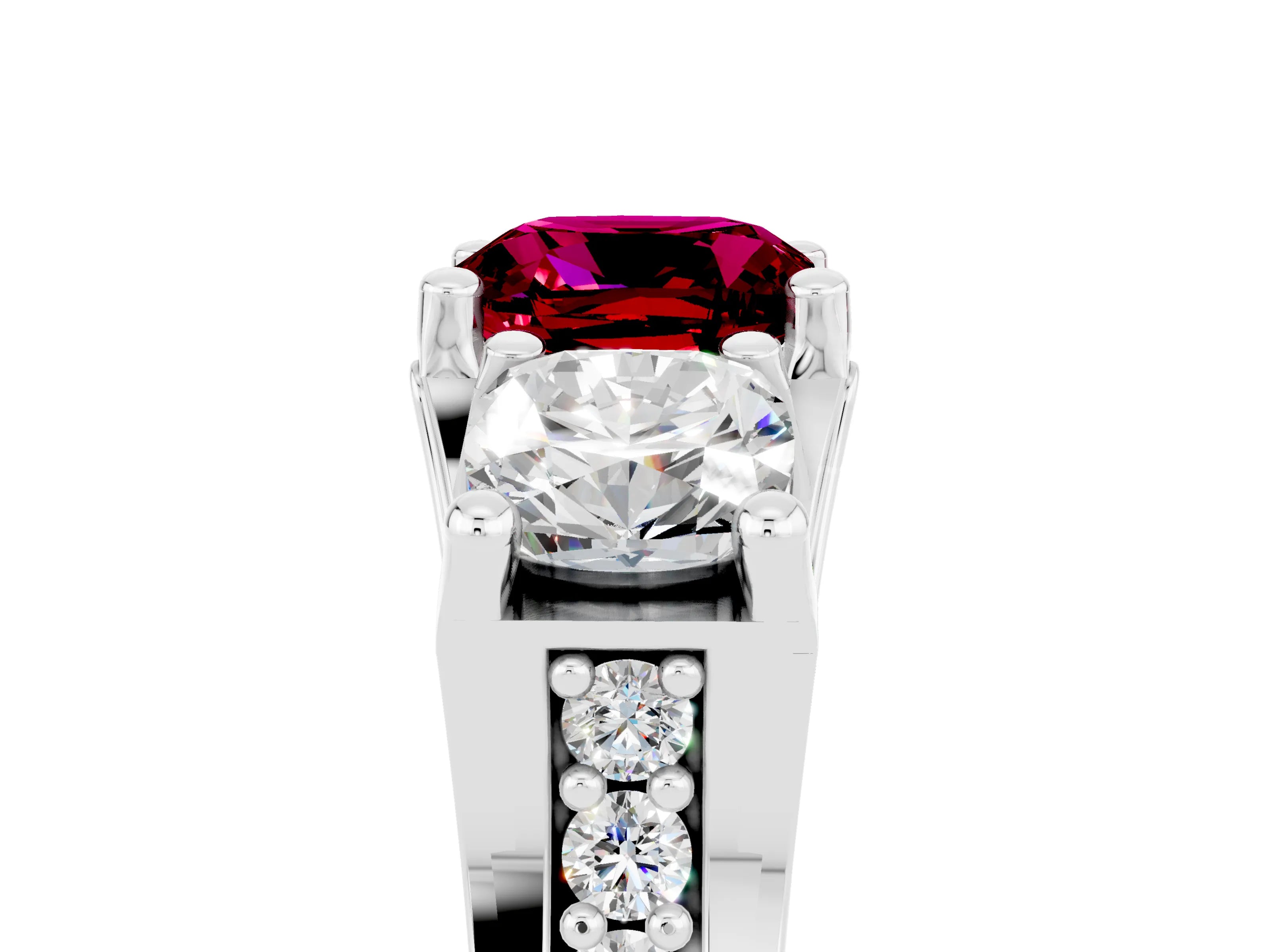 White gold Cushion Cut Garnet Three-Stone Ring with Channel Set Band and Four-Prong Setting_5