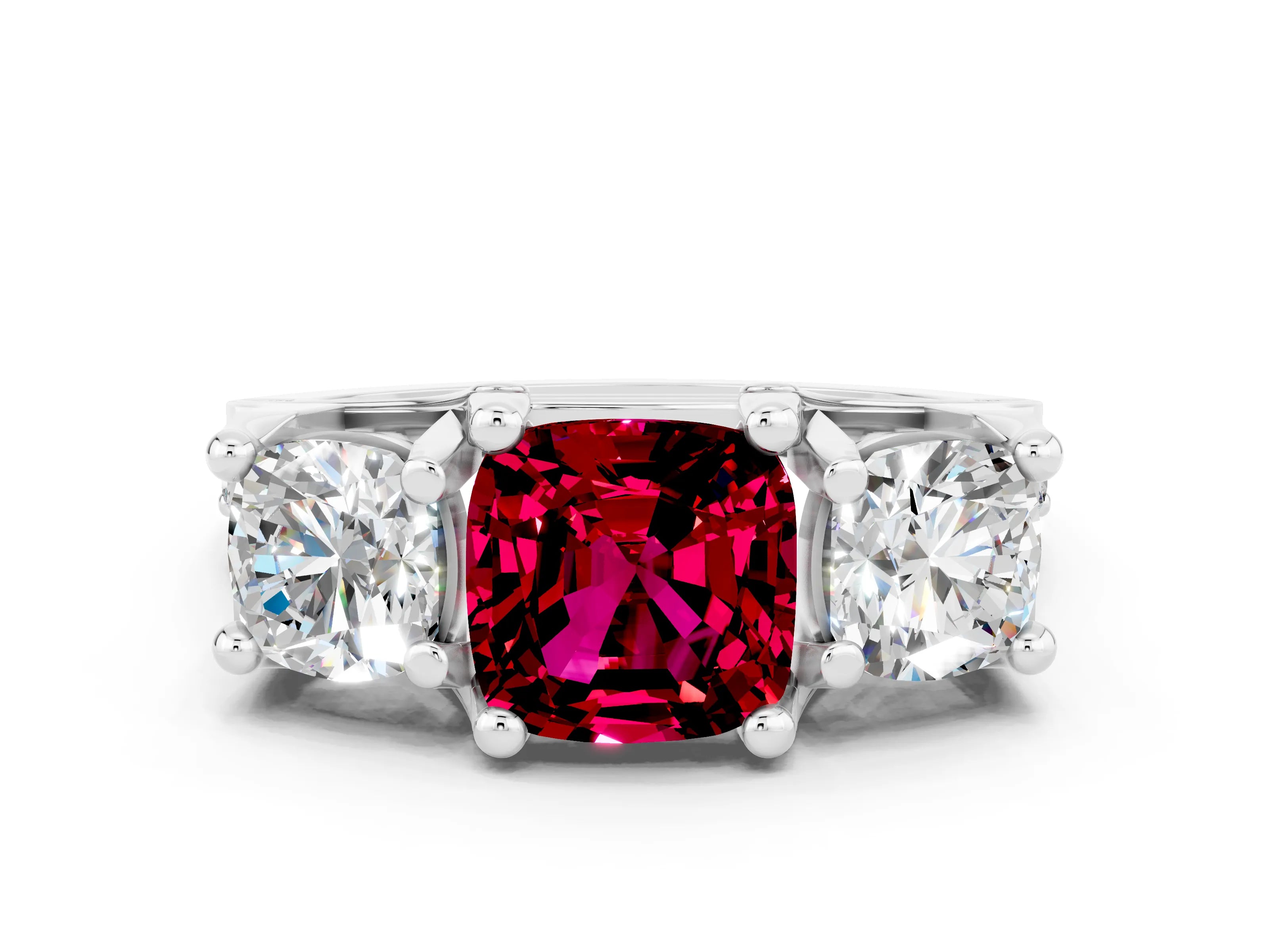 White gold Cushion Cut Garnet Three-Stone Ring with Channel Set Band and Four-Prong Setting
