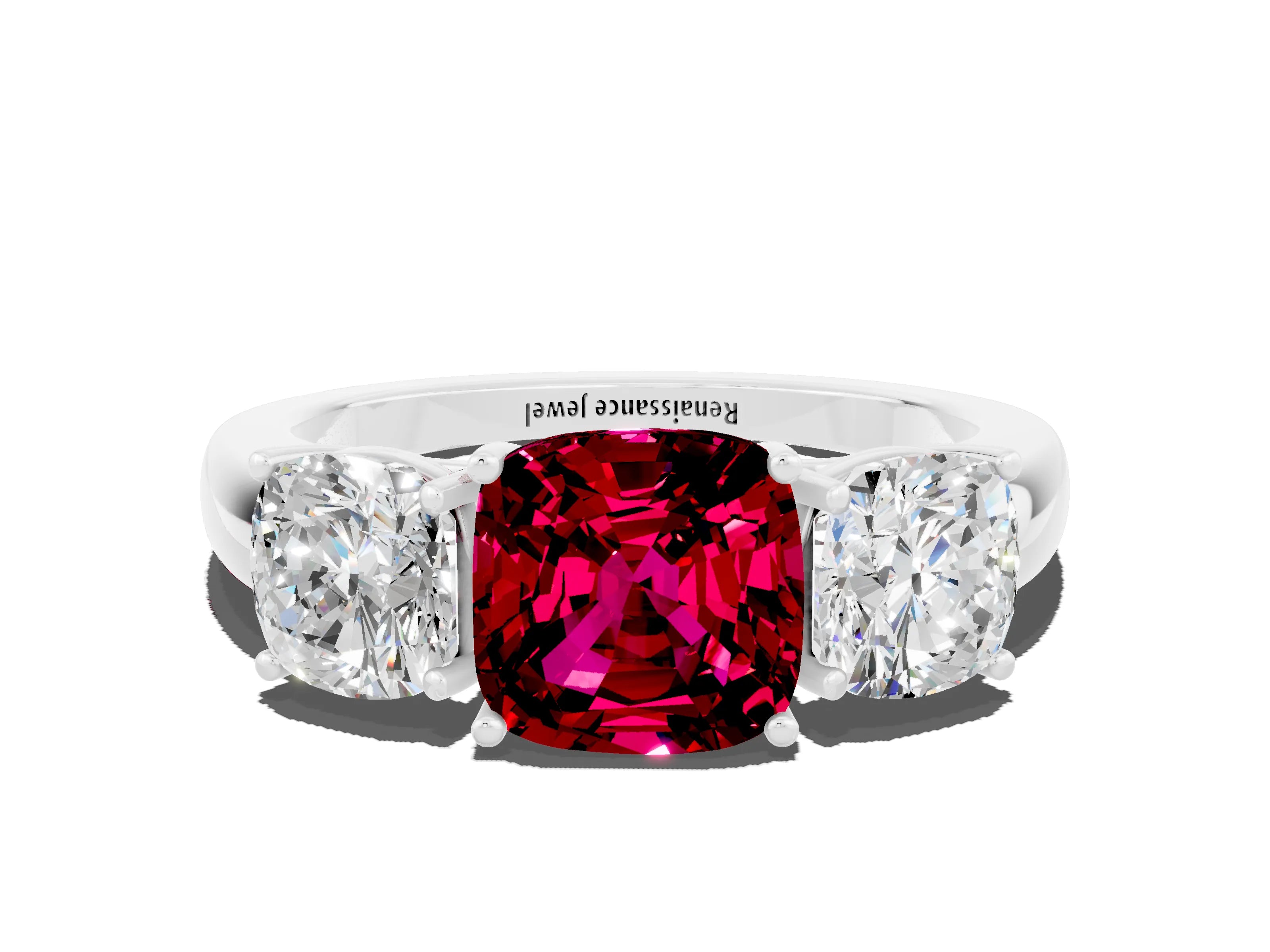 White gold Cushion Cut Garnet Three-Stone Ring with Four-Prong Setting and Classic Band