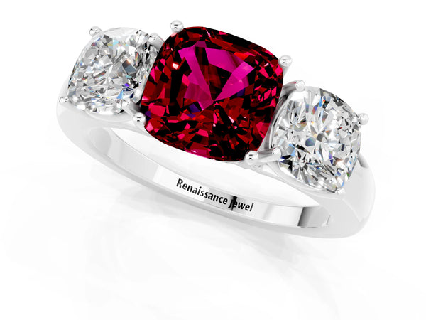 White gold Cushion Cut Garnet Three-Stone Ring with Four-Prong Setting and Classic Band