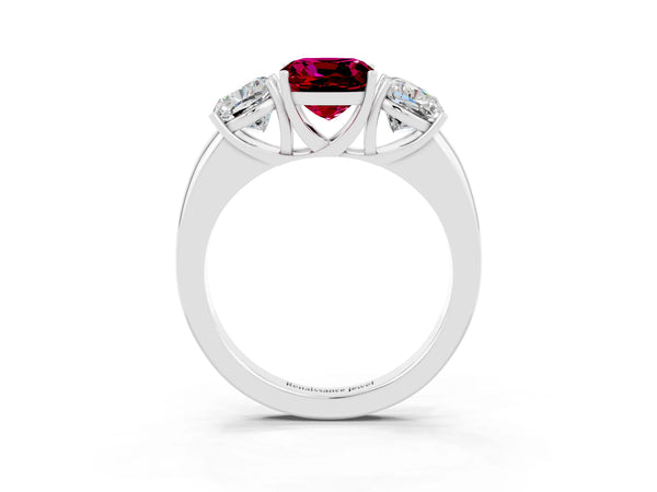 Platinum Cushion Cut Garnet Three-Stone Ring with Four-Prong Setting and Classic Band