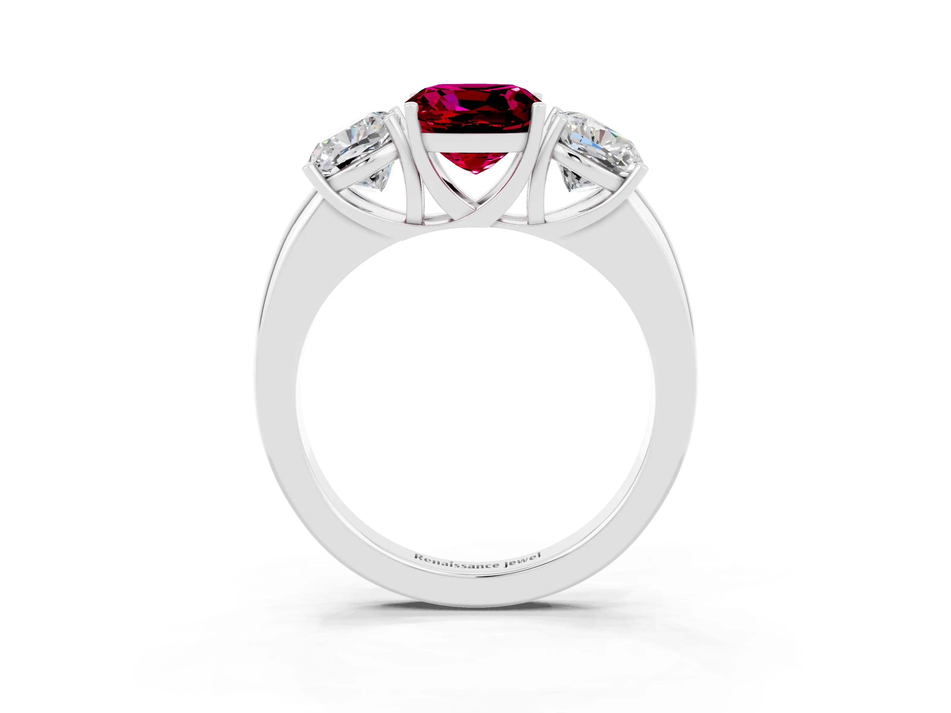 White gold Cushion Cut Garnet Three-Stone Ring with Four-Prong Setting and Classic Band_3