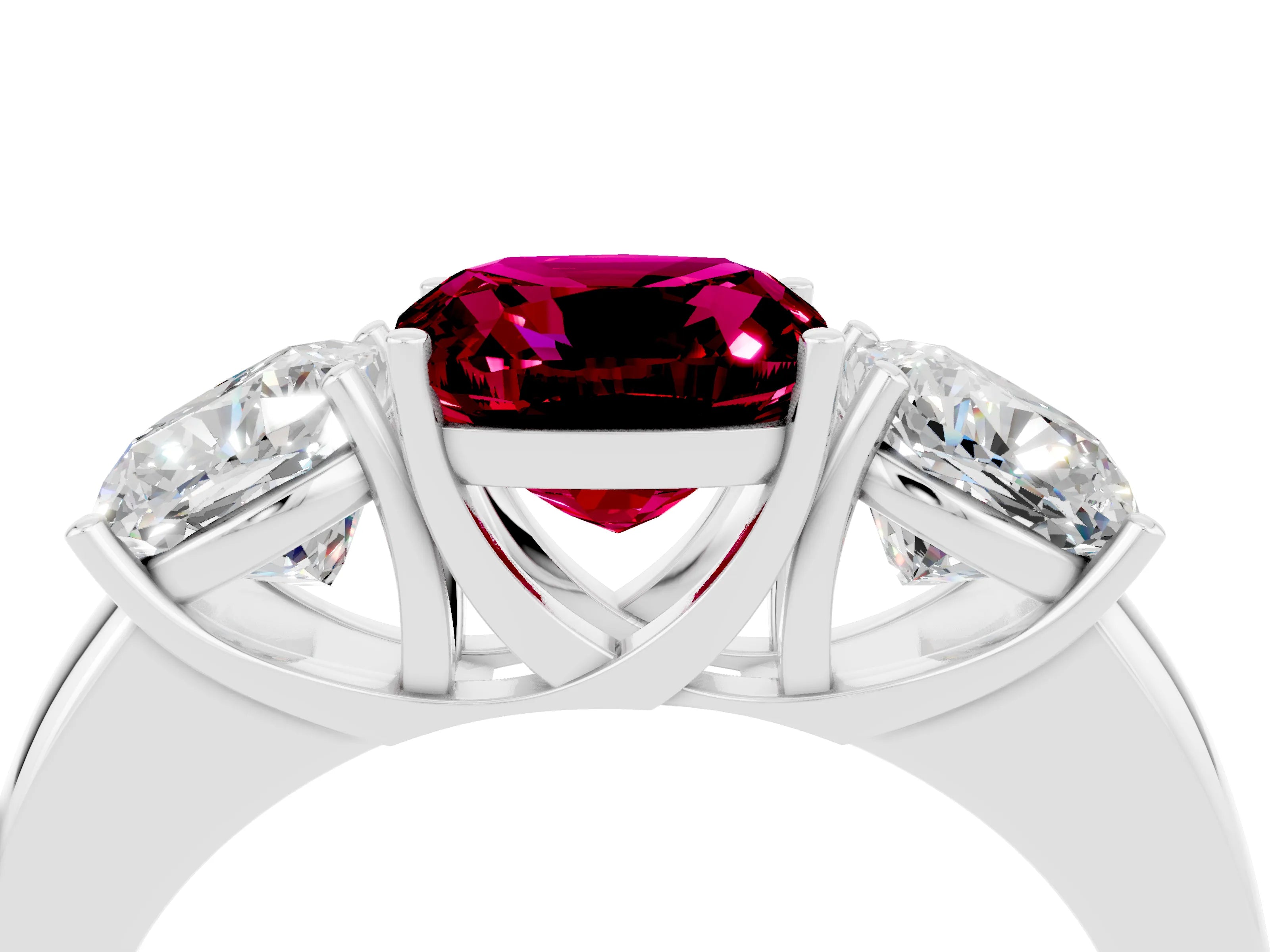 White gold Cushion Cut Garnet Three-Stone Ring with Four-Prong Setting and Classic Band_4