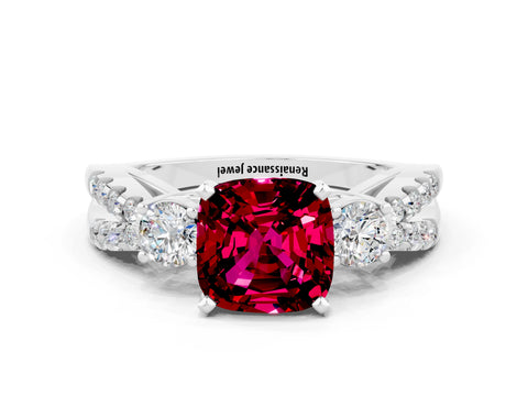 White gold Cushion Cut Garnet Three-Stone Ring with Pavé Split Shank and Four-Prong Setting_12