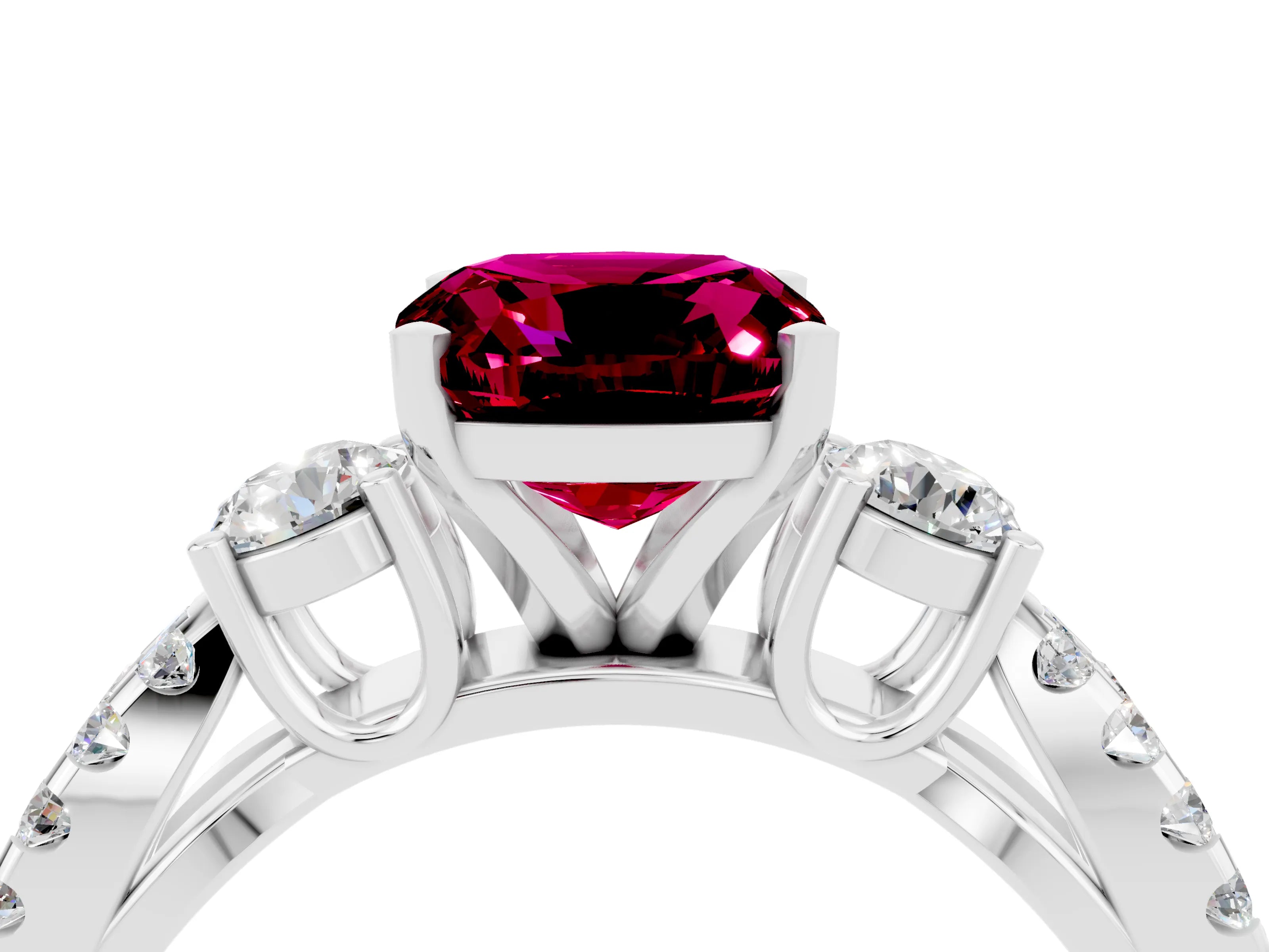 White gold Cushion Cut Garnet Three-Stone Ring with Pavé Split Shank and Four-Prong Setting_16