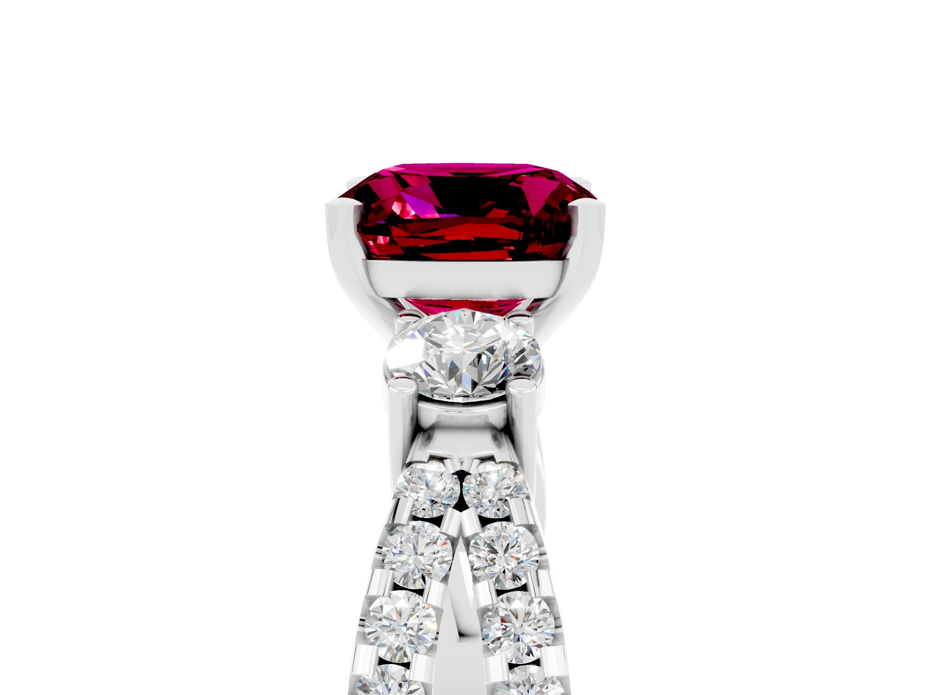 White gold Cushion Cut Garnet Three-Stone Ring with Pavé Split Shank and Four-Prong Setting_17