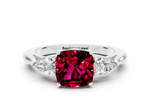 White gold Cushion Cut Garnet Three-Stone Ring with Pear Side Stones and Four-Prong Setting_12