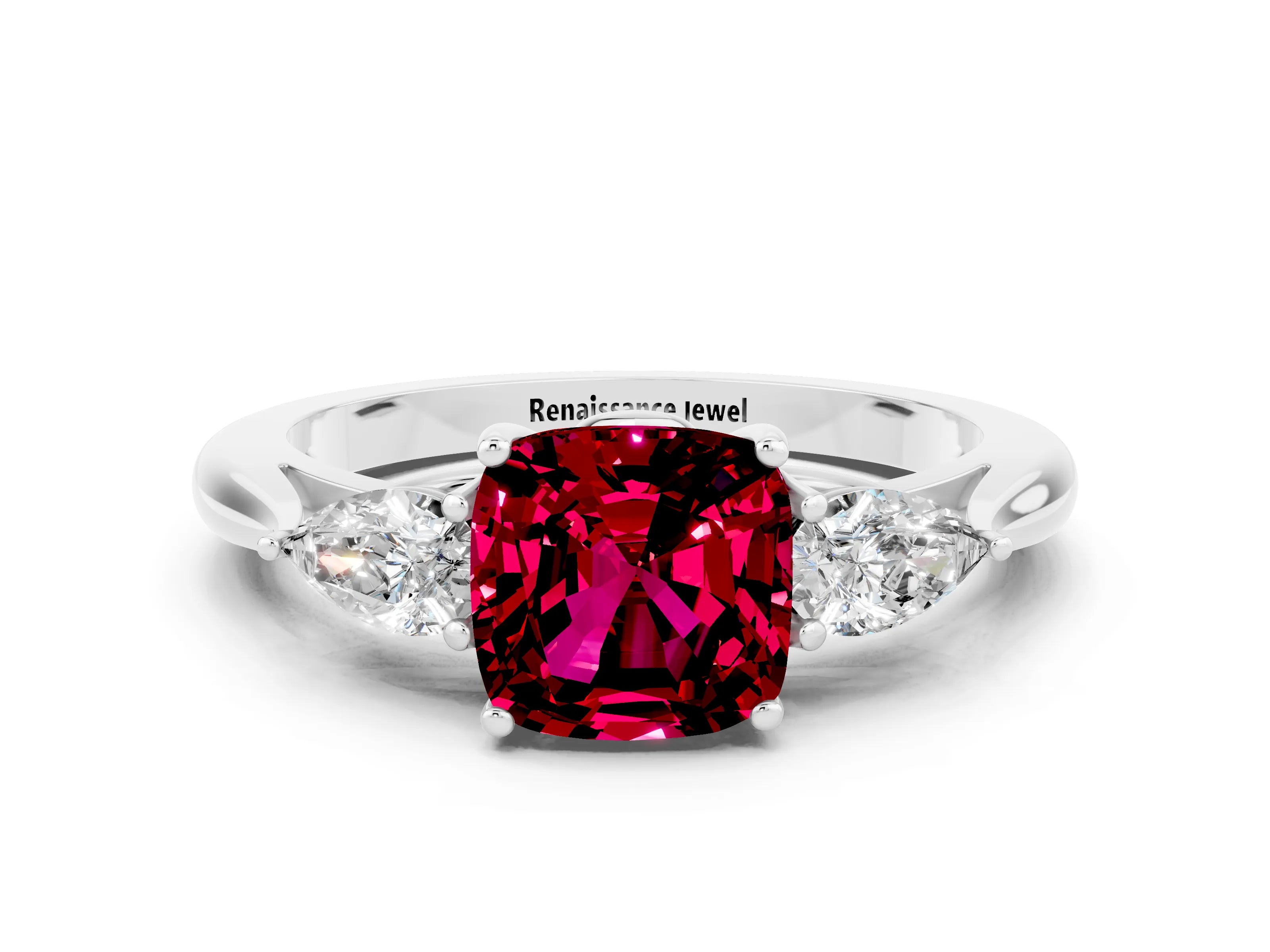 White gold Cushion Cut Garnet Three-Stone Ring with Pear Side Stones and Four-Prong Setting_12