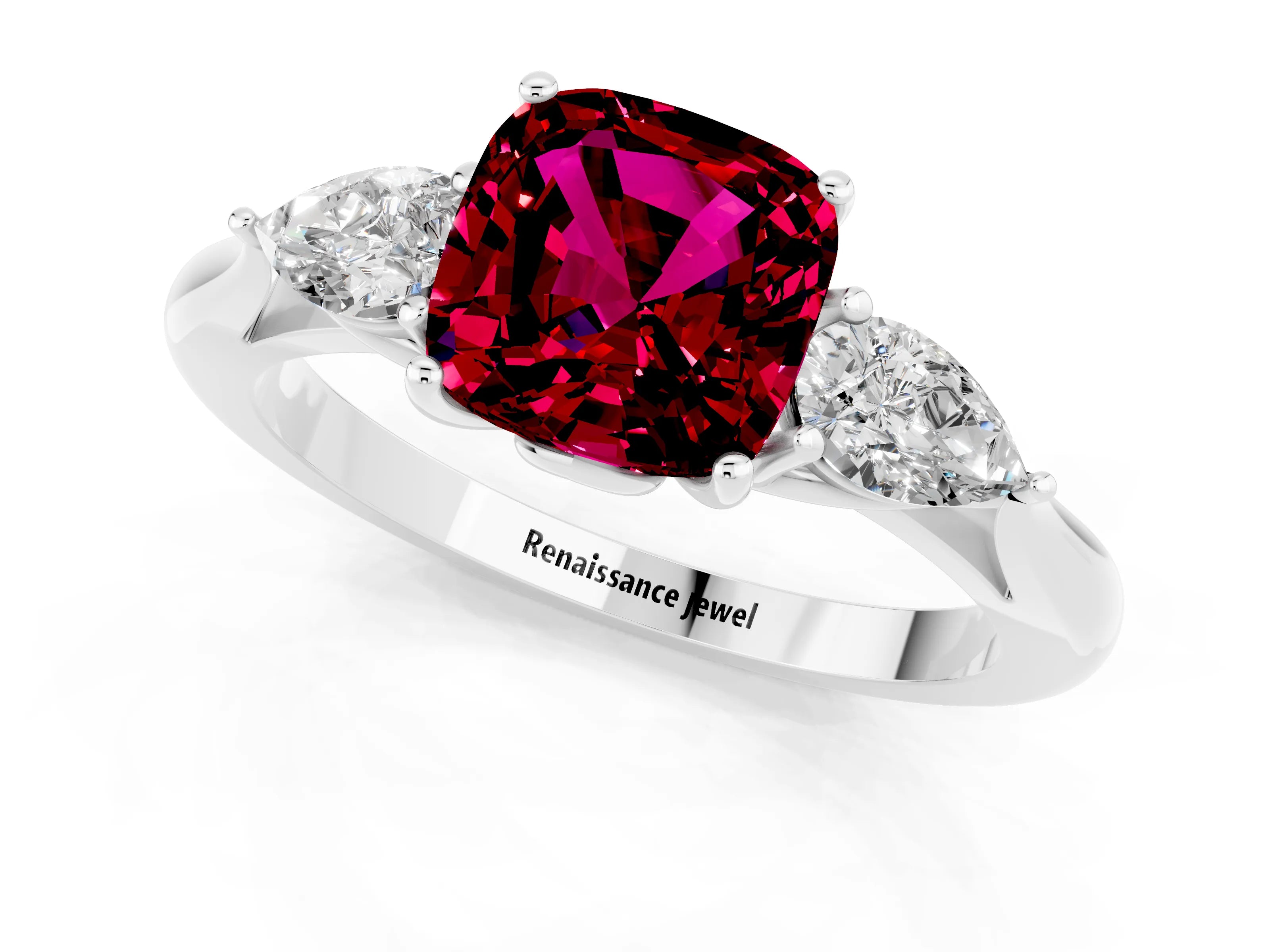 White gold Cushion Cut Garnet Three-Stone Ring with Pear Side Stones and Four-Prong Setting_13