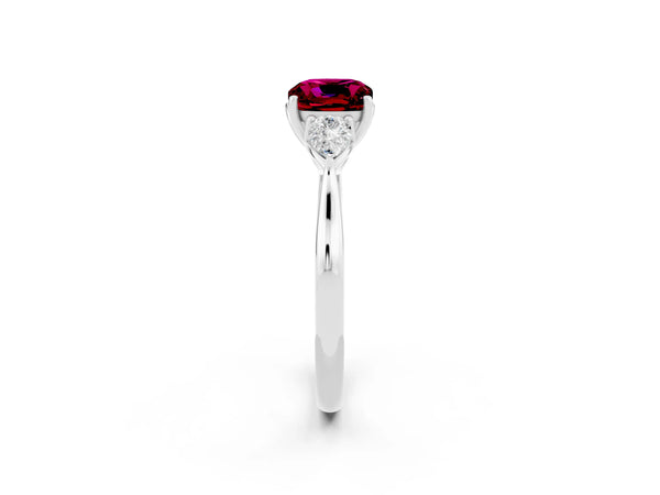 Platinum Cushion Cut Garnet Three-Stone Ring with Pear  Side Stones and Prong Setting