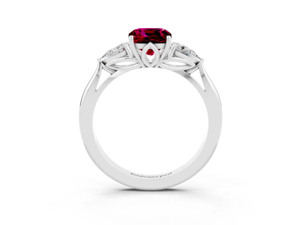 White gold Cushion Cut Garnet Three-Stone Ring with Pear  Side Stones and Prong Setting