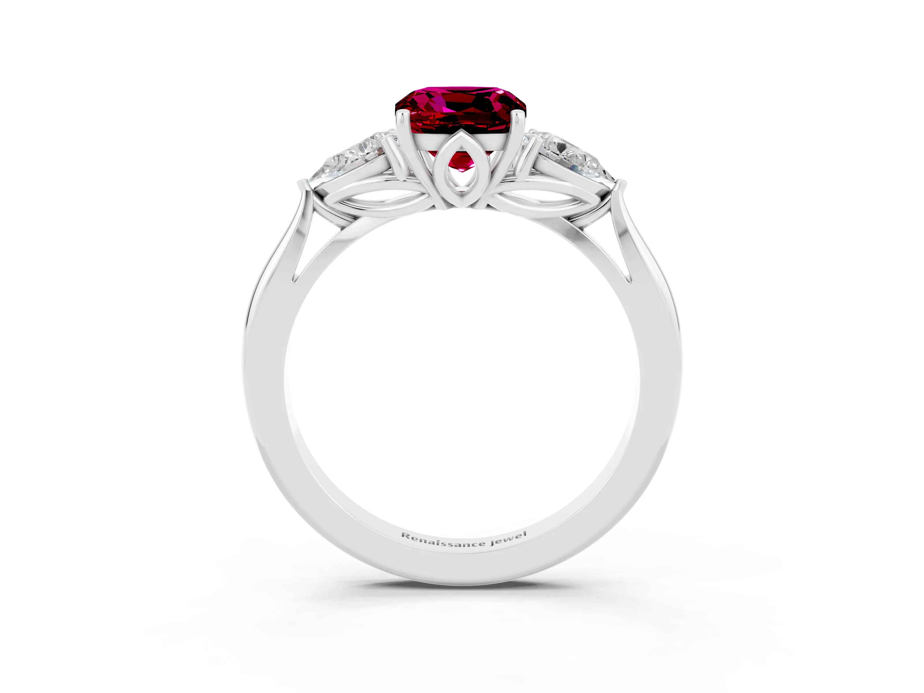 White gold Cushion Cut Garnet Three-Stone Ring with Pear Side Stones and Four-Prong Setting_15