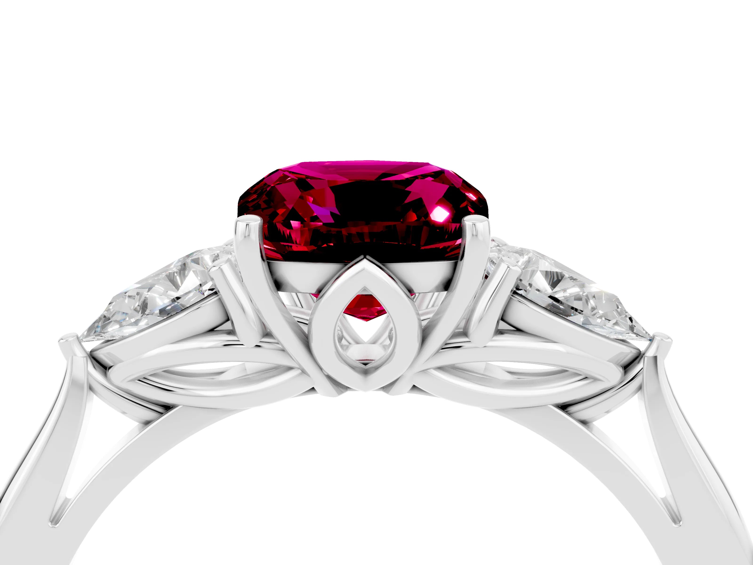 White gold Cushion Cut Garnet Three-Stone Ring with Pear Side Stones and Four-Prong Setting_16