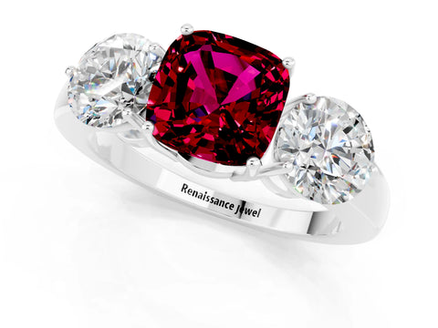 White gold Cushion Cut Garnet Three-Stone Ring with Prong Setting and Classic Band_1