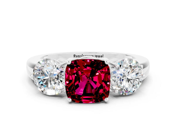 Silver Cushion Cut Garnet Three-Stone Ring with Prong Setting and Classic Band