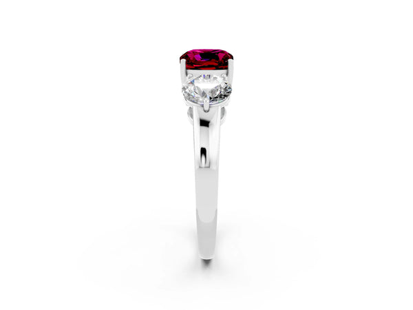 White gold Cushion Cut Garnet Three-Stone Ring with Prong Setting and Classic Band