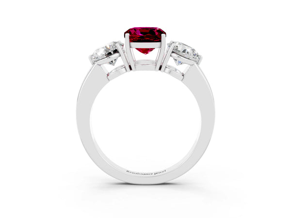 Platinum Cushion Cut Garnet Three-Stone Ring with Prong Setting and Classic Band