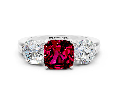 White gold Cushion Cut Garnet Three-Stone Ring with Prong Setting and Classic Band