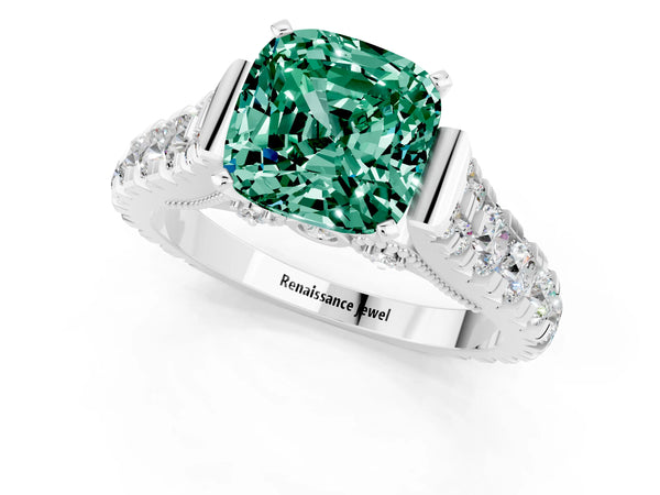 White gold Cushion Cut Green Sapphire Classic Solitaire Ring with Pavé Band and Four-Prong Setting