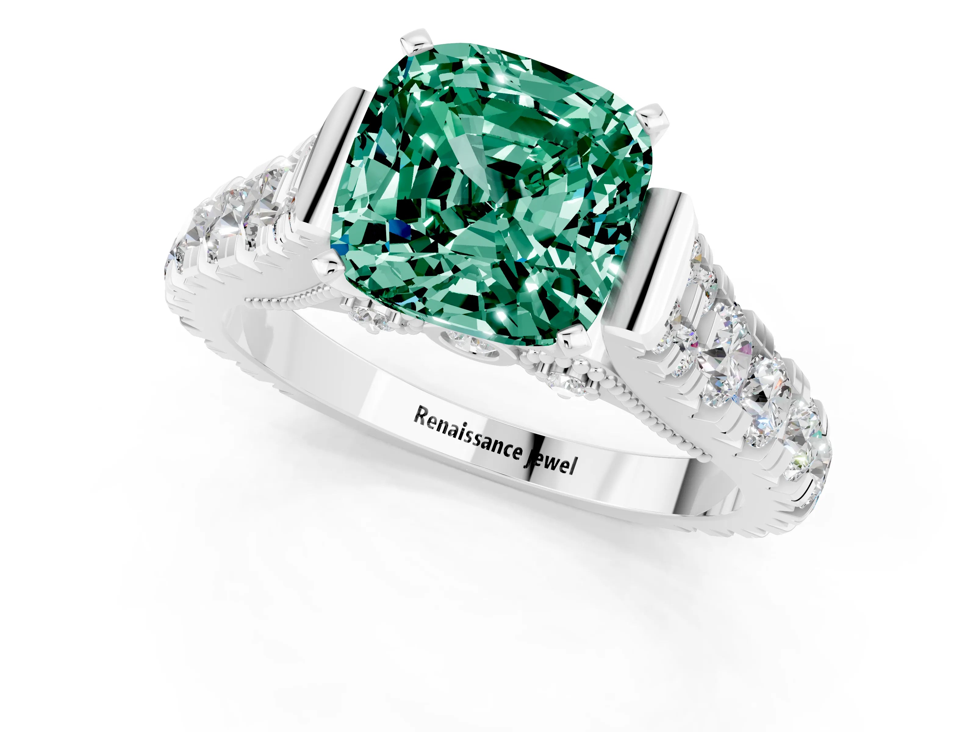 White gold Cushion Cut Green Sapphire Classic Solitaire Ring with Pavé Band and Four-Prong Setting_1