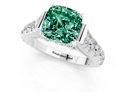 White gold Cushion Cut Green Sapphire Classic Solitaire Ring with Pavé Band and Four-Prong Setting_1