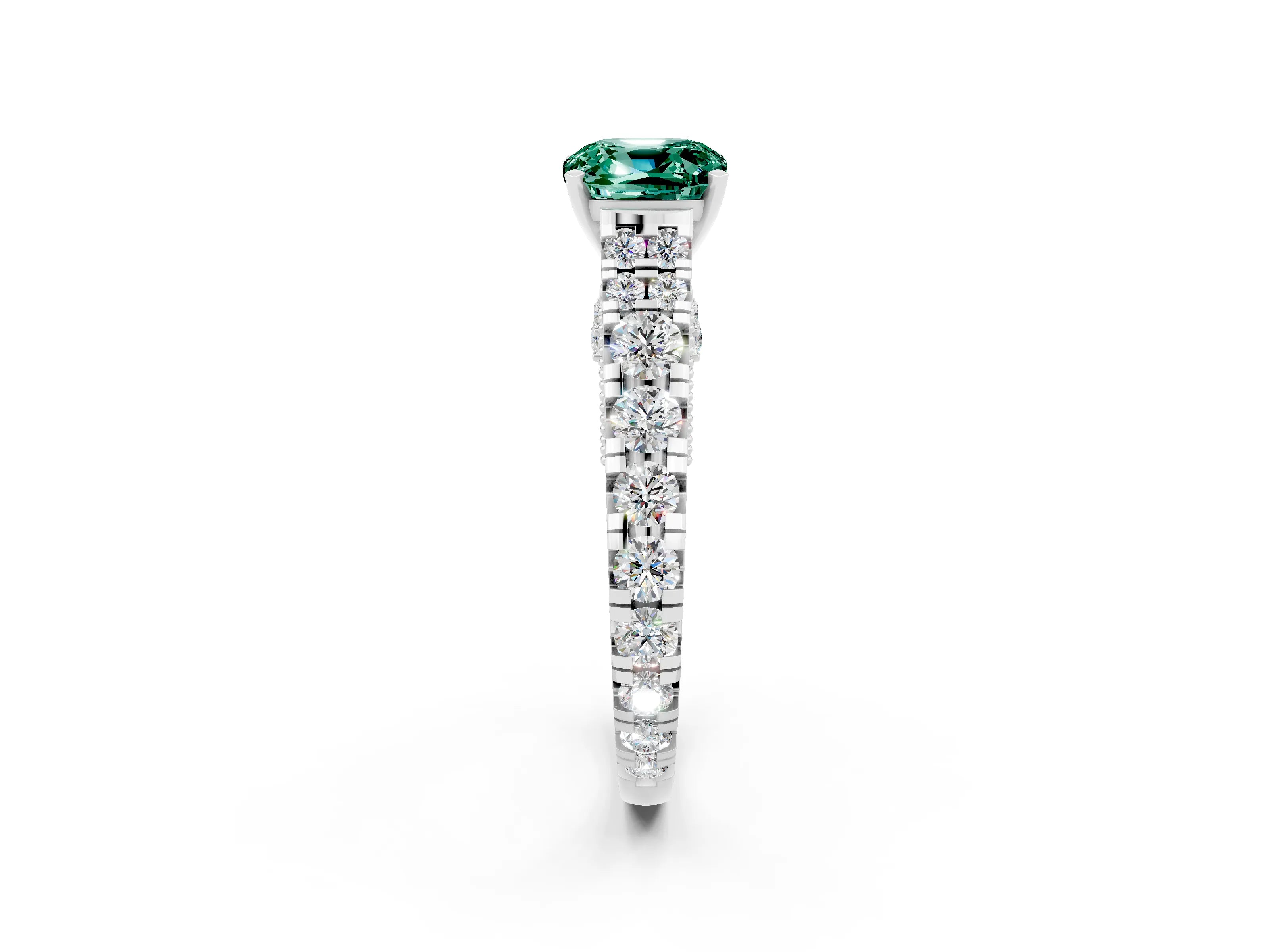White gold Cushion Cut Green Sapphire Classic Solitaire Ring with Pavé Band and Four-Prong Setting_2