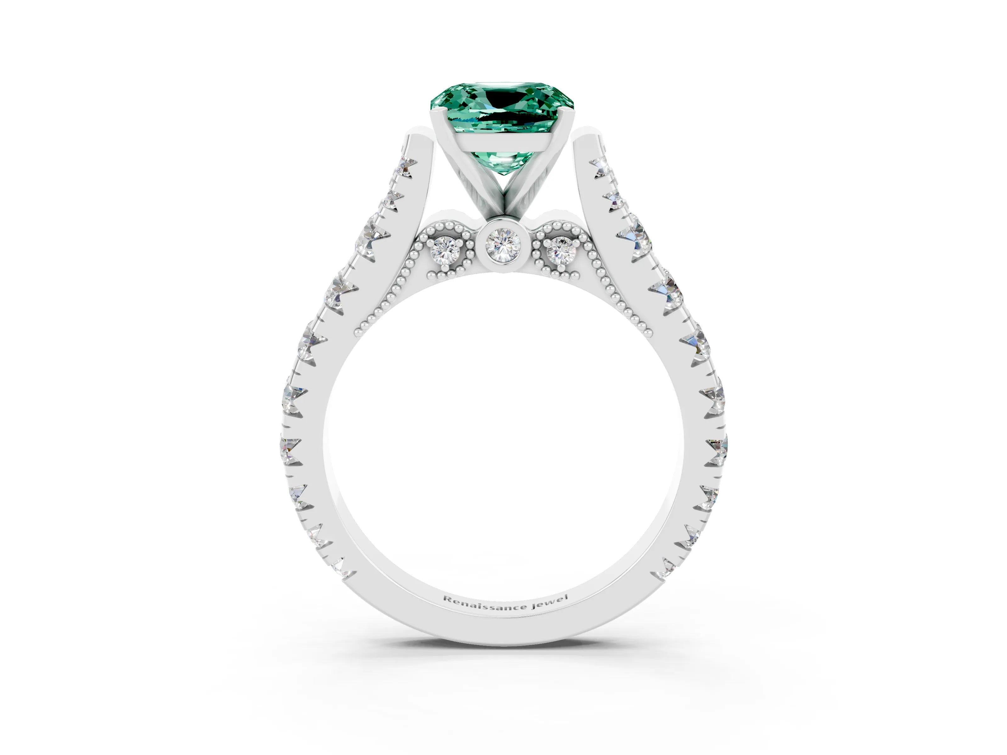 White gold Cushion Cut Green Sapphire Classic Solitaire Ring with Pavé Band and Four-Prong Setting_3