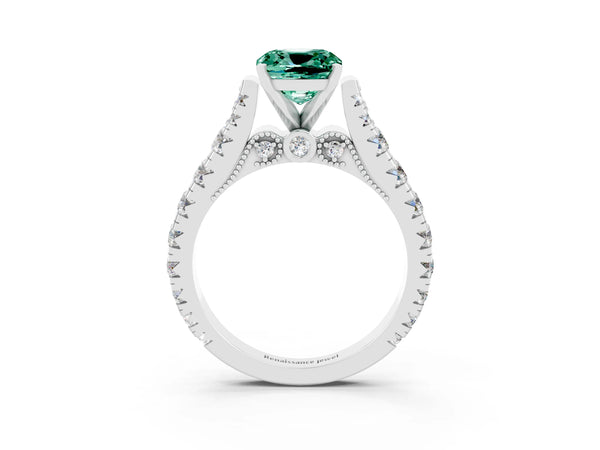 White gold Cushion Cut Green Sapphire Classic Solitaire Ring with Pavé Band and Four-Prong Setting