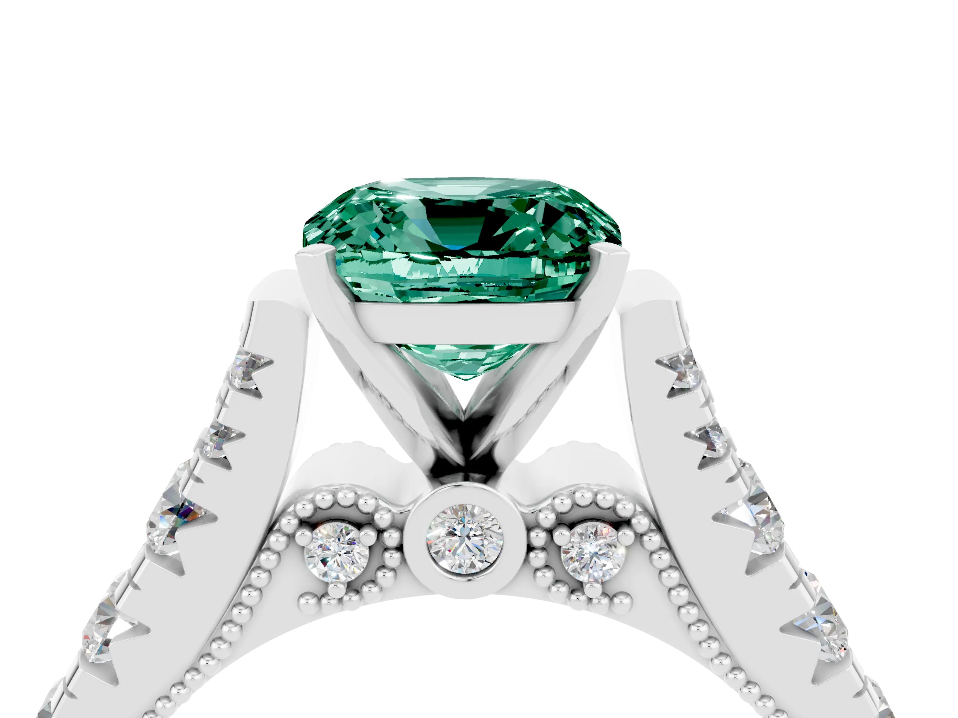 White gold Cushion Cut Green Sapphire Classic Solitaire Ring with Pavé Band and Four-Prong Setting_4
