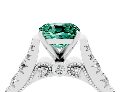 White gold Cushion Cut Green Sapphire Classic Solitaire Ring with Pavé Band and Four-Prong Setting_4