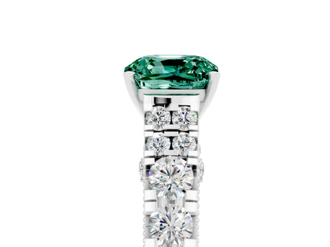 White gold Cushion Cut Green Sapphire Classic Solitaire Ring with Pavé Band and Four-Prong Setting_5