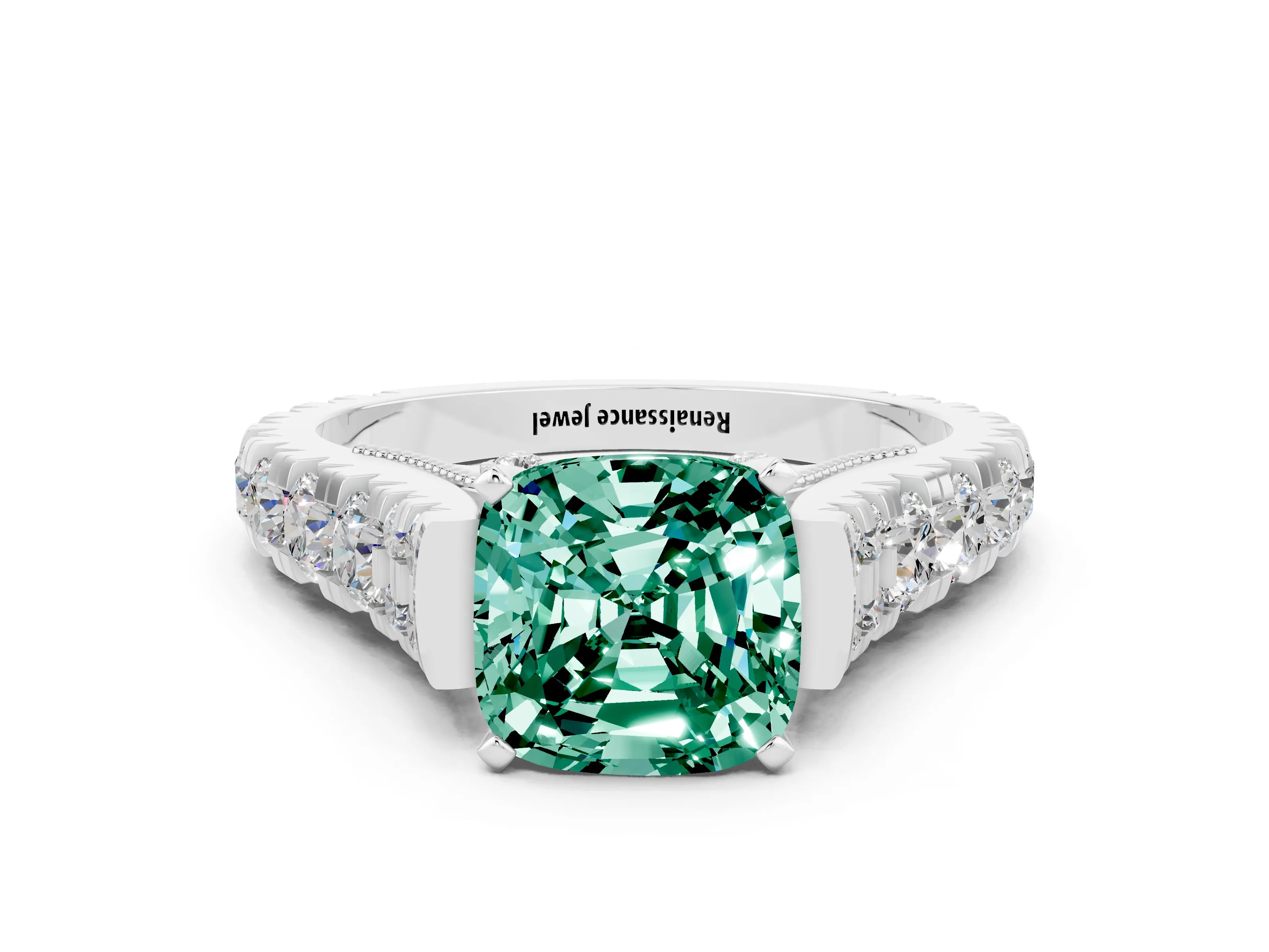 White gold Cushion Cut Green Sapphire Classic Solitaire Ring with Pavé Band and Four-Prong Setting