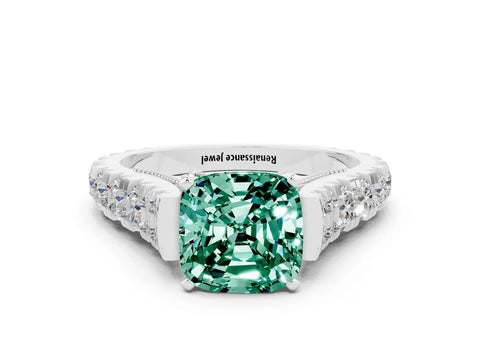 White gold Cushion Cut Green Sapphire Classic Solitaire Ring with Pavé Band and Four-Prong Setting
