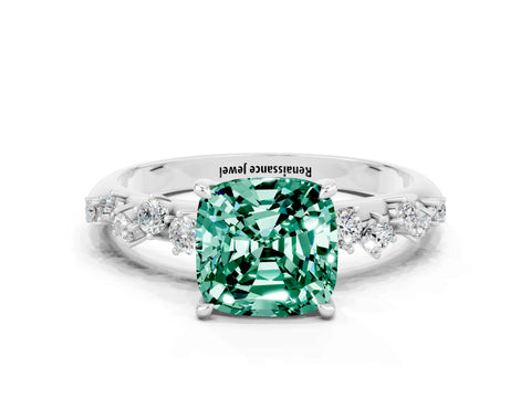 White gold Cushion Cut Green Sapphire Cluster Side Stone Solitaire Ring with Prong Setting_24