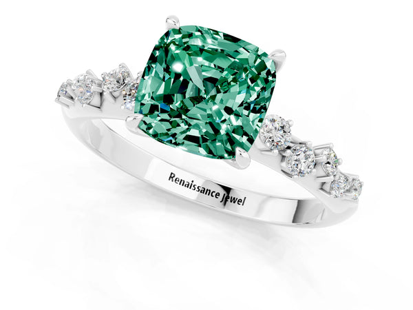 Silver Cushion Cut Green Sapphire Cluster Side Stone Solitaire Ring with Prong Setting