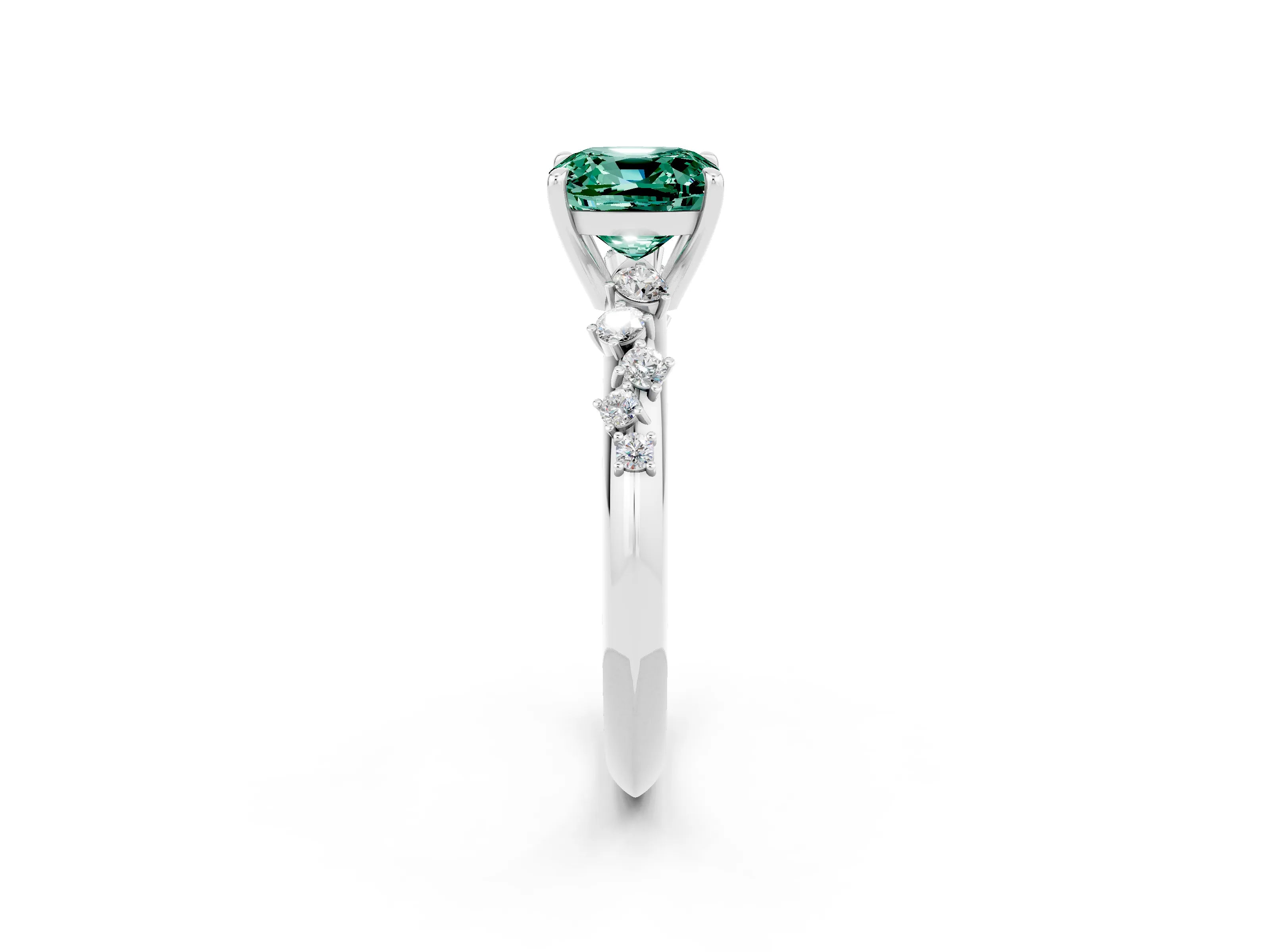 White gold Cushion Cut Green Sapphire Cluster Side Stone Solitaire Ring with Prong Setting_26