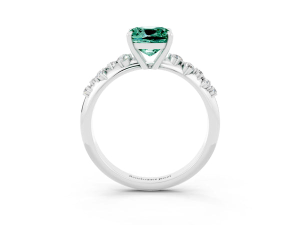White gold Cushion Cut Green Sapphire Cluster Side Stone Solitaire Ring with Prong Setting