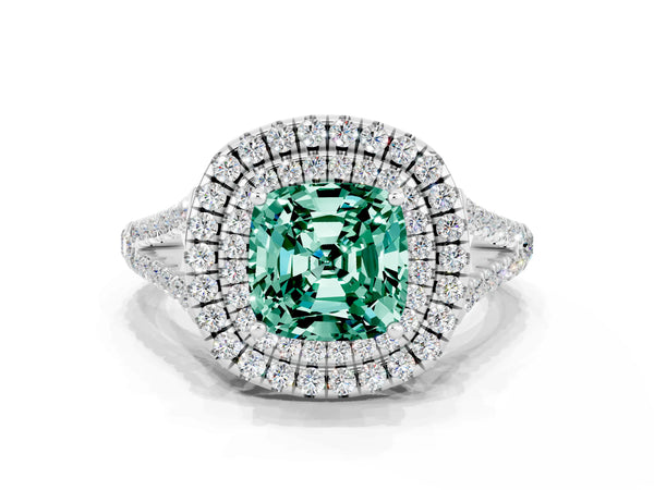 White gold Cushion Cut Green Sapphire Double Halo Ring with Pavé Band and Prong Setting