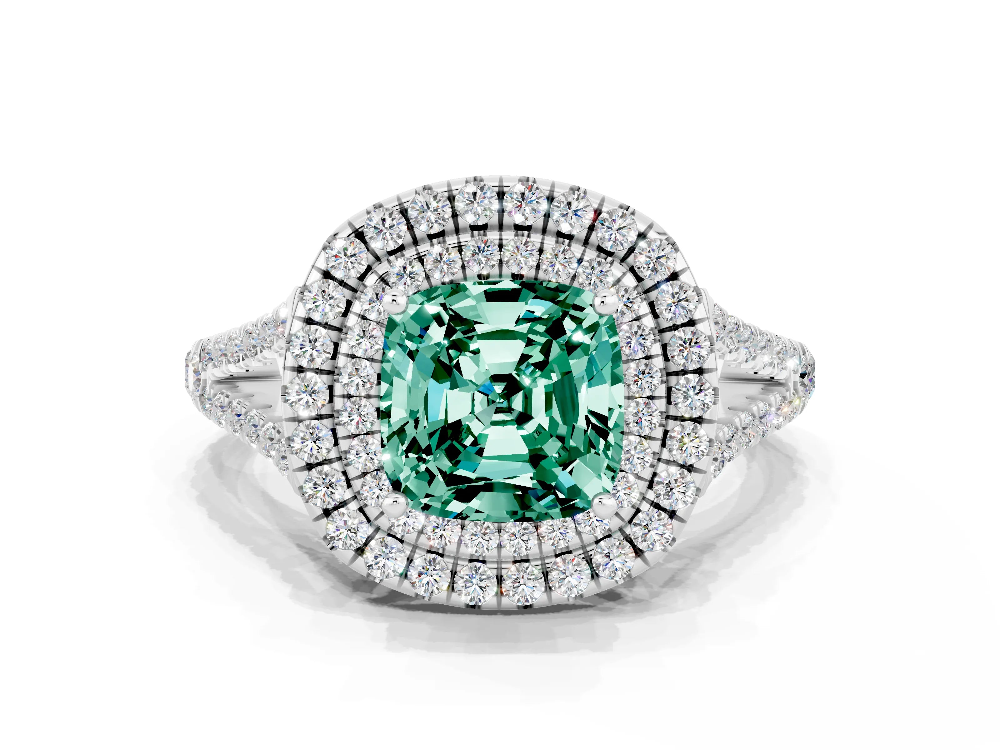 White gold Cushion Cut Green Sapphire Double Halo Ring with Pavé Band and Prong Setting_12