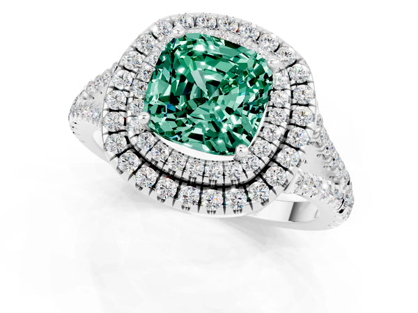 Platinum Cushion Cut Green Sapphire Double Halo Ring with Pavé Band and Prong Setting