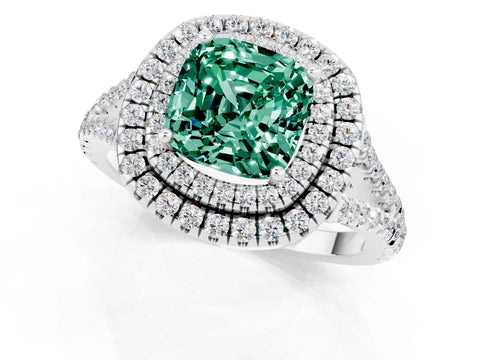 White gold Cushion Cut Green Sapphire Double Halo Ring with Pavé Band and Prong Setting_13