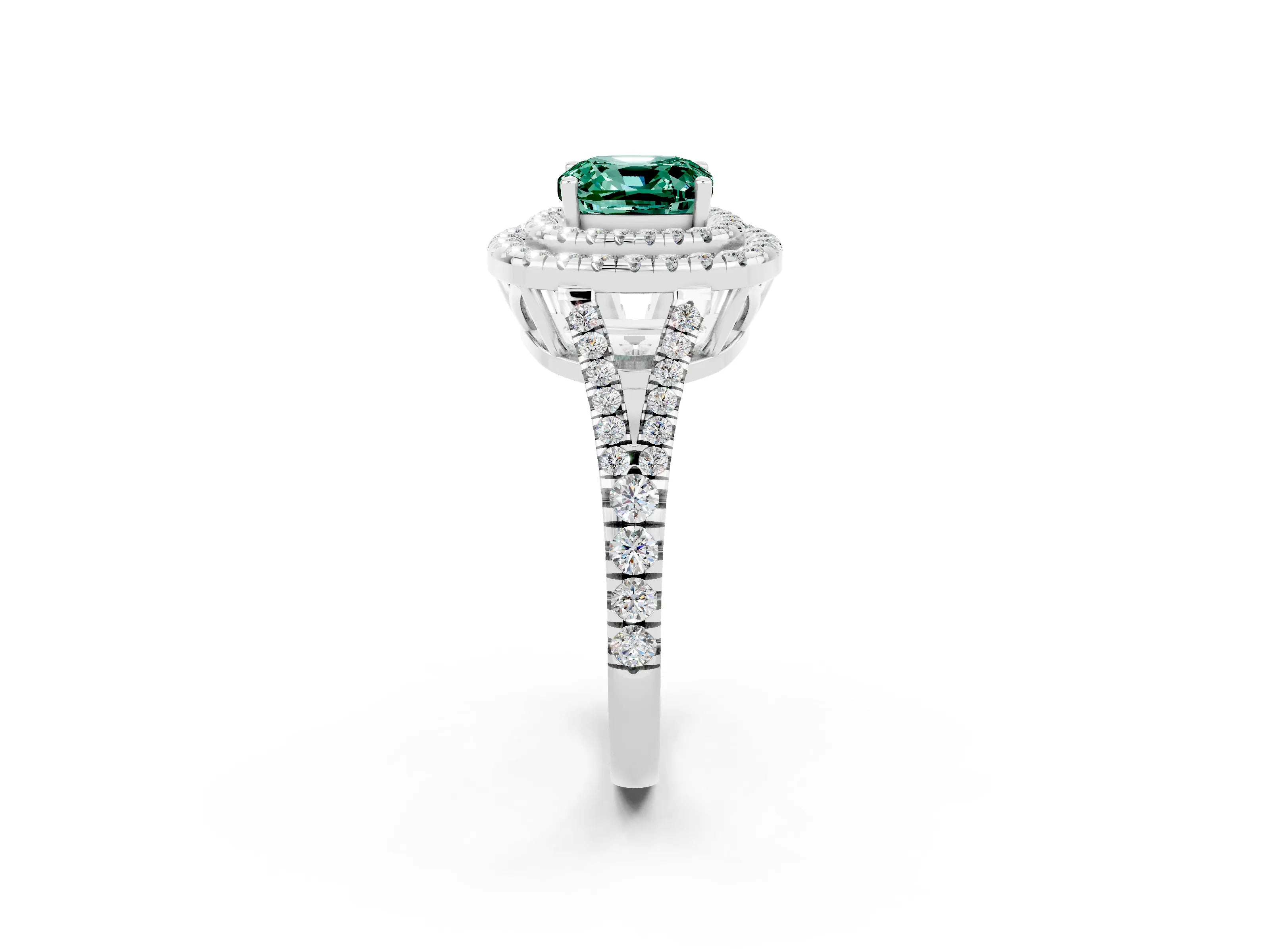 White gold Cushion Cut Green Sapphire Double Halo Ring with Pavé Band and Prong Setting_14