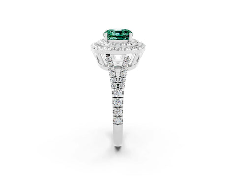 White gold Cushion Cut Green Sapphire Double Halo Ring with Pavé Band and Prong Setting_14