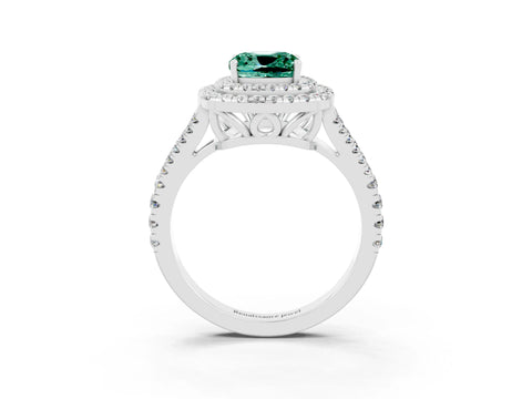 White gold Cushion Cut Green Sapphire Double Halo Ring with Pavé Band and Prong Setting_15