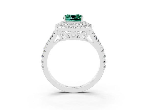 White gold Cushion Cut Green Sapphire Double Halo Ring with Pavé Band and Prong Setting