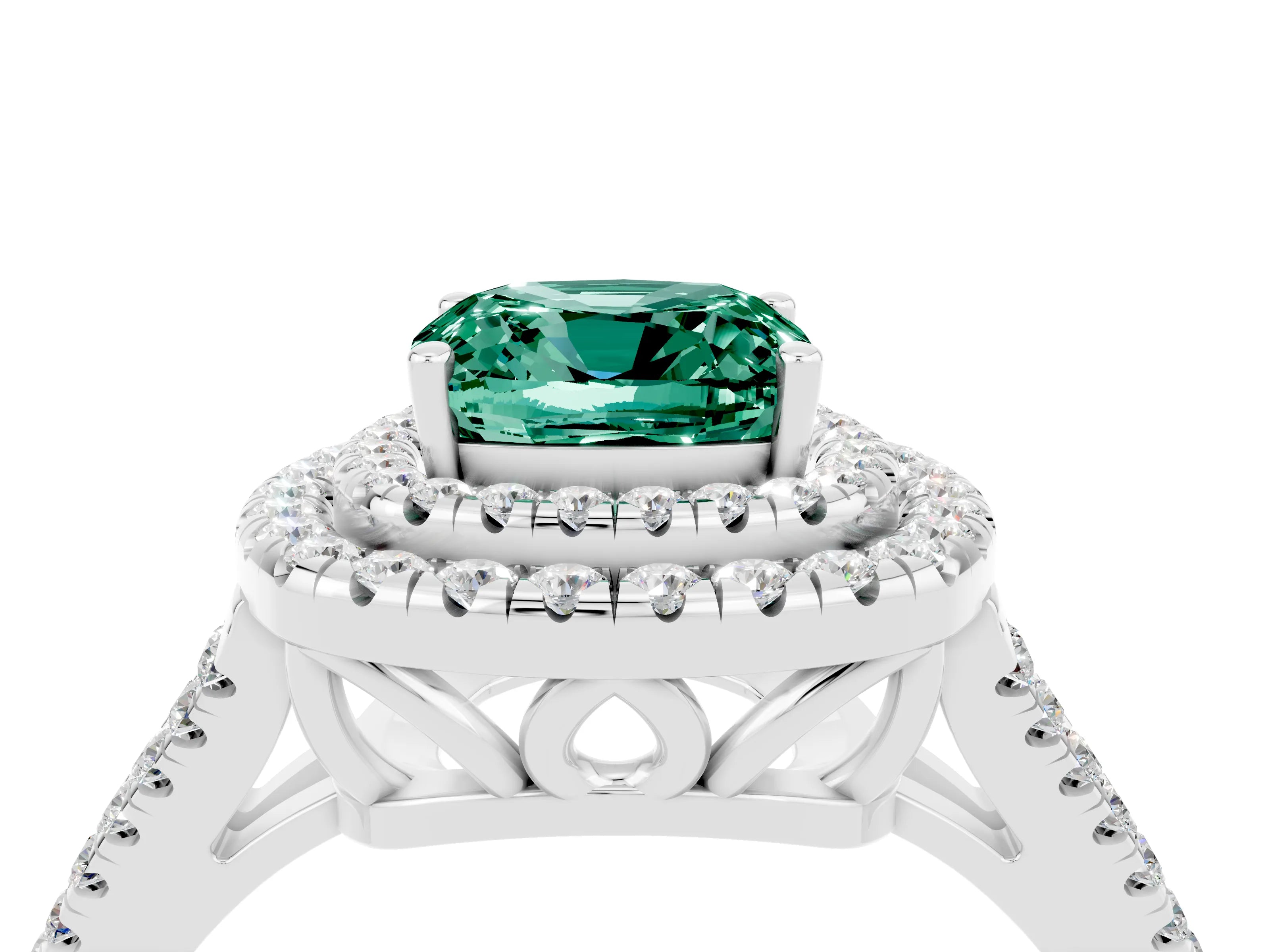 White gold Cushion Cut Green Sapphire Double Halo Ring with Pavé Band and Prong Setting_16