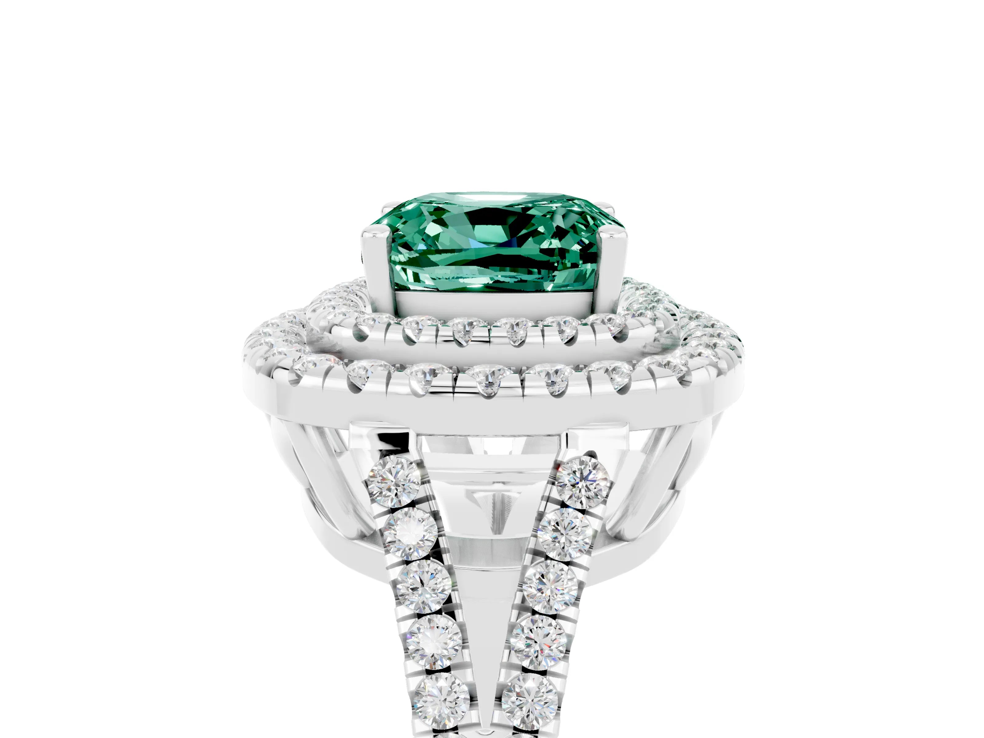 White gold Cushion Cut Green Sapphire Double Halo Ring with Pavé Band and Prong Setting_17