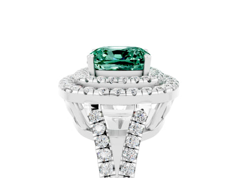 White gold Cushion Cut Green Sapphire Double Halo Ring with Pavé Band and Prong Setting_17